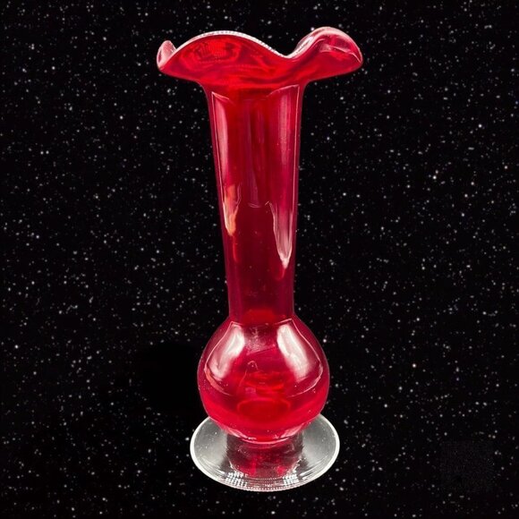Art Glass Vase Crackle Bottom Ruby Red Ruffled Top Clear Bottom Glass 8”T 3.25”W - Picture 1 of 9